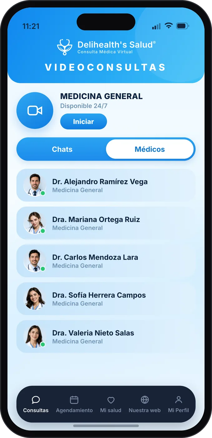 Pantalla de videoconsultas de la App Delihealth's con los médicos de medicina general disponibles 24/7.