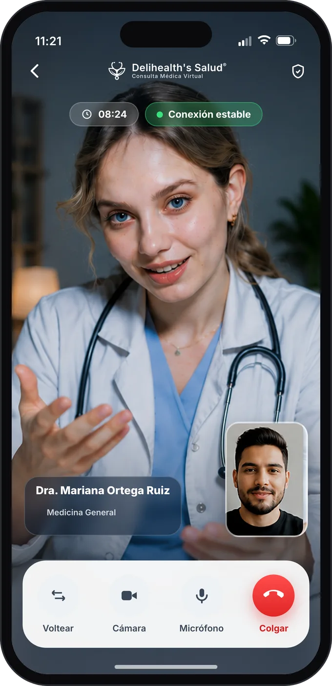 Videoconsulta en curso en la App Delihealth's: la médica en pantalla completa y el colaborador en la esquina.