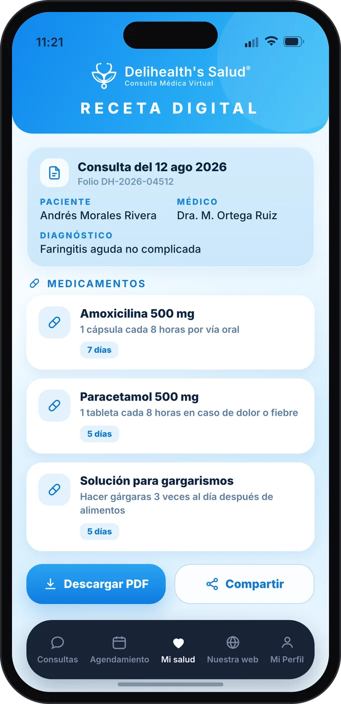 Receta digital de la App Delihealth's con diagnóstico, medicamentos y duración de cada tratamiento.