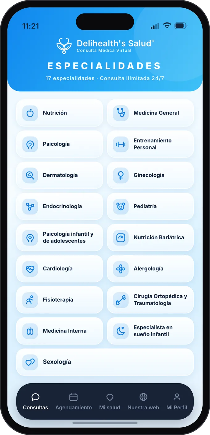 Pantalla de especialidades de la App Delihealth's: 17 especialidades listadas, con consulta ilimitada 24/7.