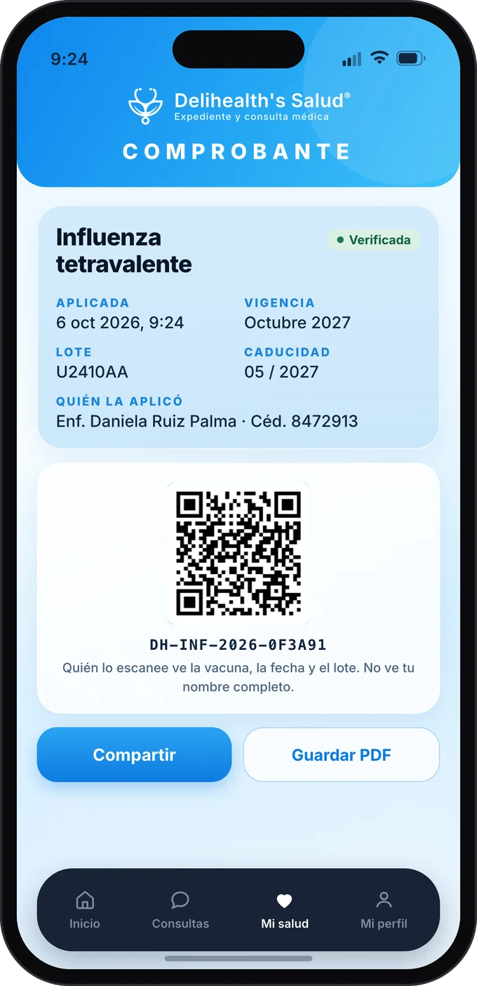 Comprobante de vacunación en la app con folio DH-INF-2026-0F3A91, código QR, fecha de aplicación, lote, vigencia y quién la aplicó.