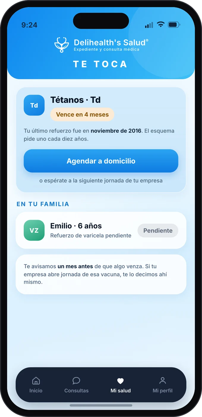Pantalla «Te toca» con el refuerzo de tétanos que vence en cuatro meses y la vacuna pendiente de un familiar.